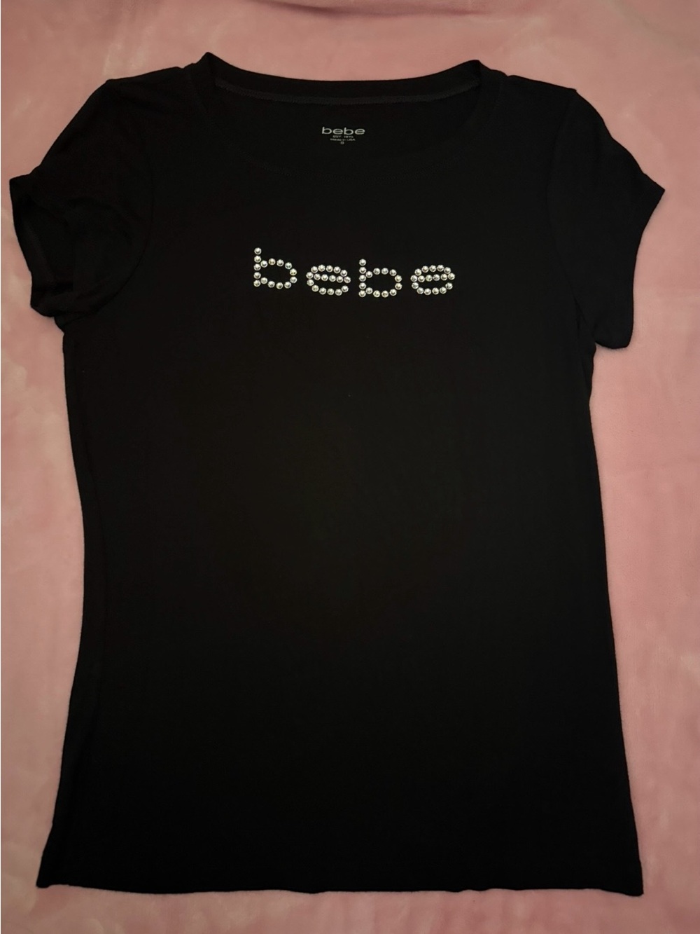 bebe Black Short Sleeve Tee with RhineStone Logo